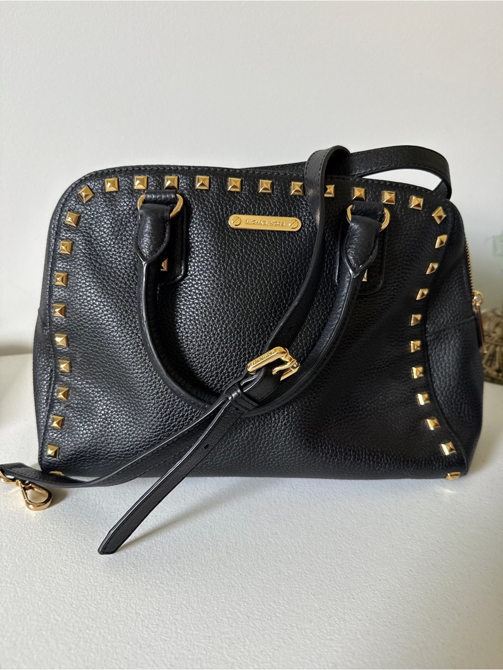 MICHAEL Michael Kors Black Pebbled Leather Studded Satchel Bag
